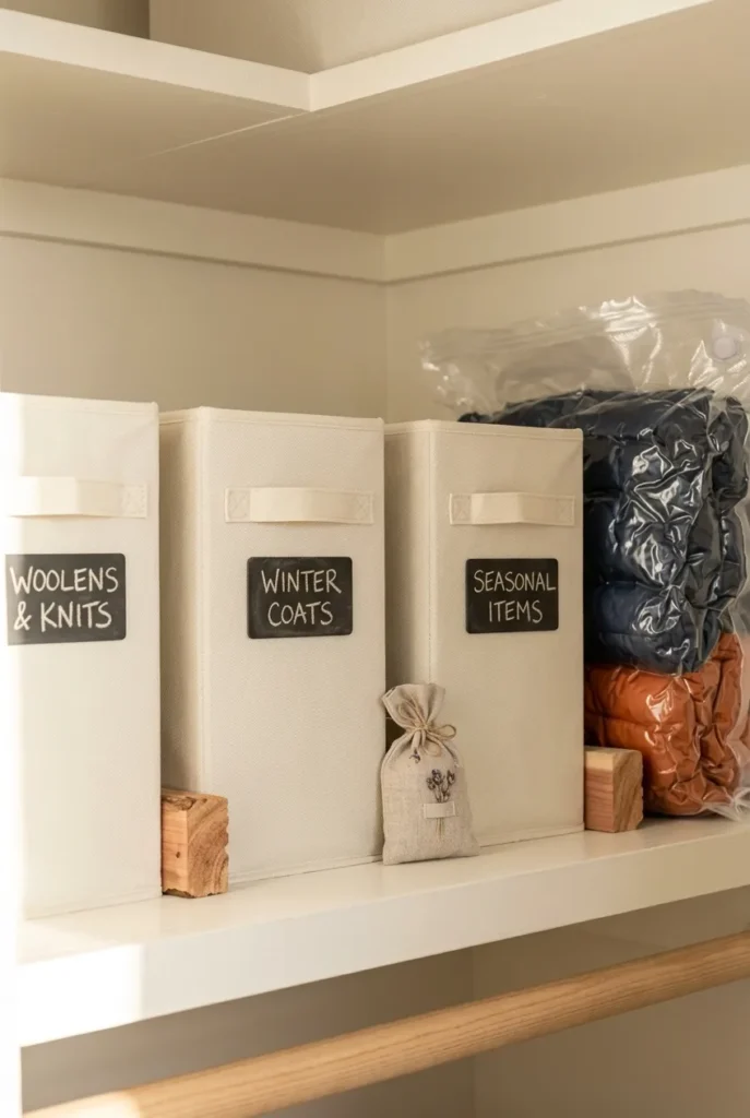 Labeled storage bins for winter clothes during summer closet organization
