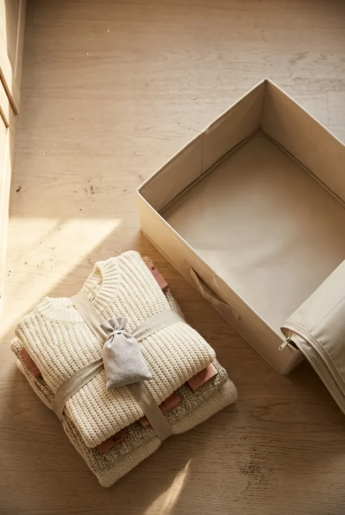 Winter sweaters folded with cedar blocks ready for summer closet organization storage