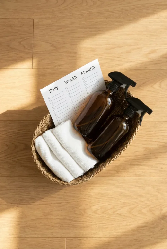 3-Speed Summer Clean framework flat lay with cleaning caddy and daily weekly monthly columns on oak floor