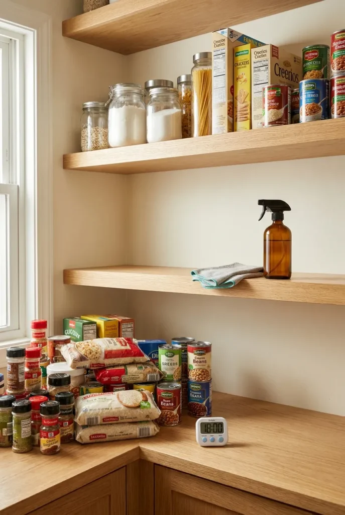 Mid-reset summer pantry with one shelf wiped clean and items grouped on the counter for sorting.