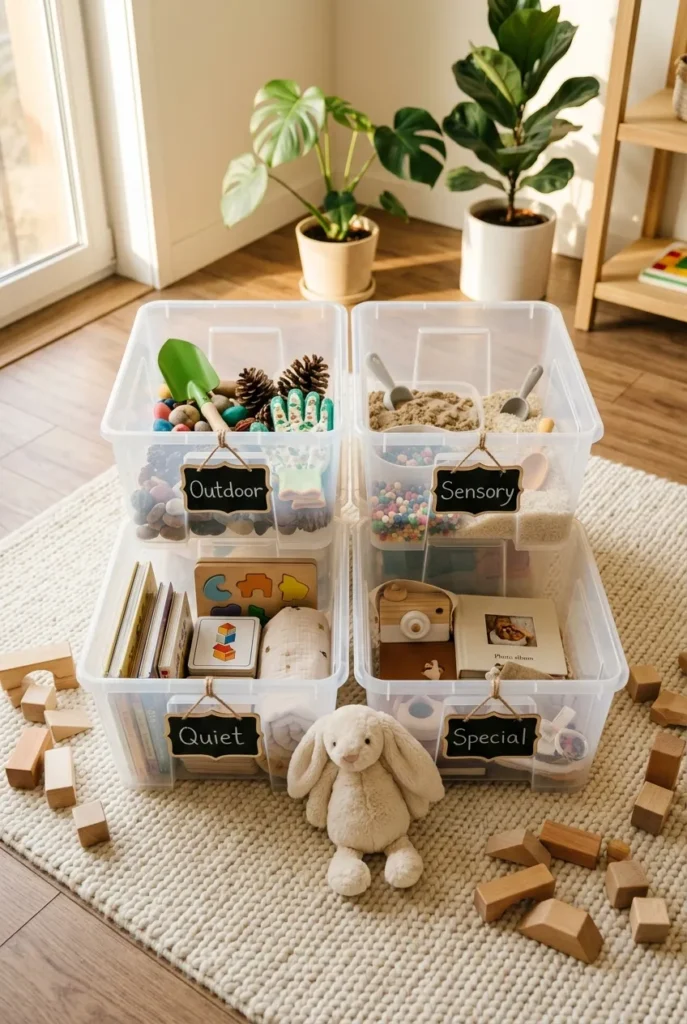 Four labeled toy rotation bins for summer organized on a cream rug in soft morning light
