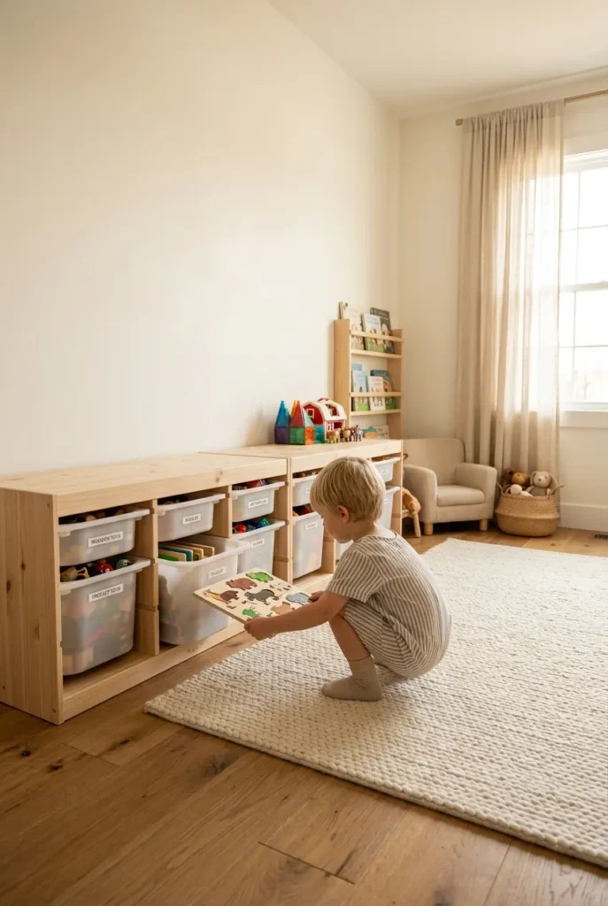 Playroom with IKEA Trofast shelf showing a 4-bin summer toy rotation system