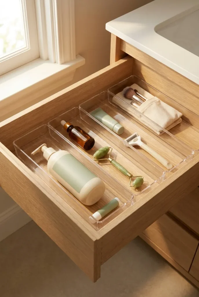 The 4-Zone Vanity Drawer Method for toiletry organization ideas, drawer divided into daily weekly backup and beauty zones