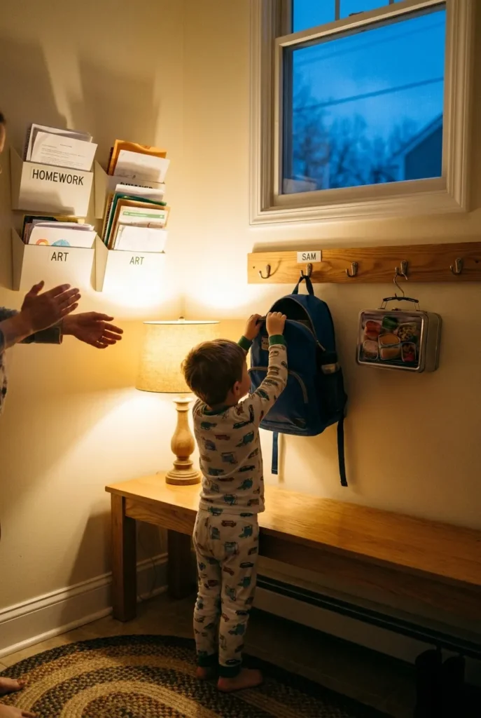 Evening reset routine at a backpack station building the morning habit