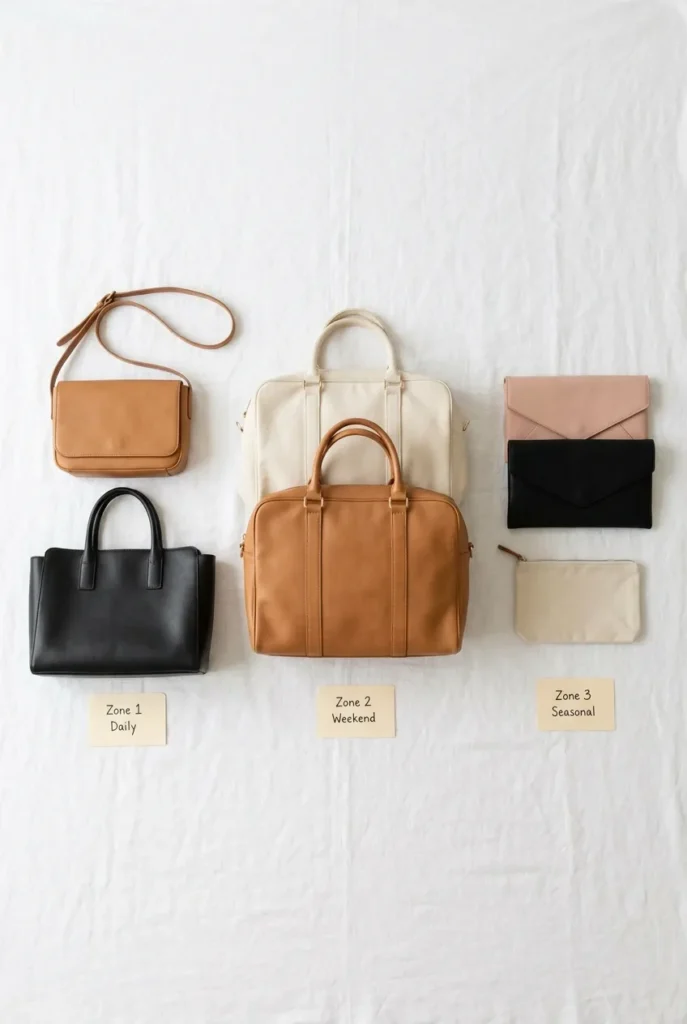 Three-zone bag sorting method for purse storage ideas with bags grouped by use frequency in overhead flat-lay