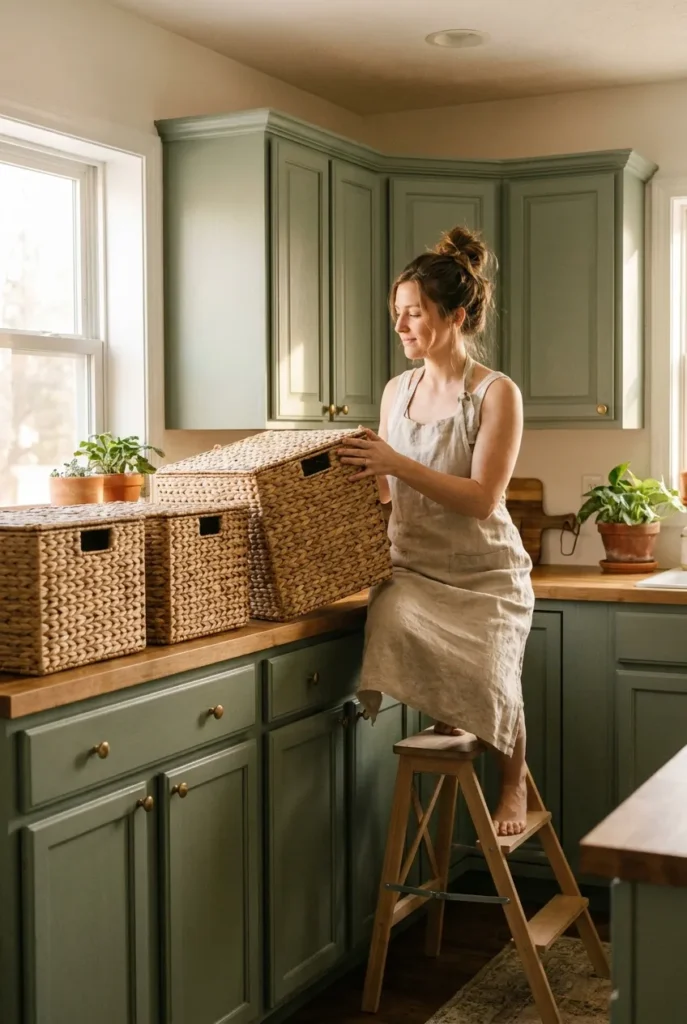 Placing above cabinet storage baskets with lids on top of sage green kitchen cabinets