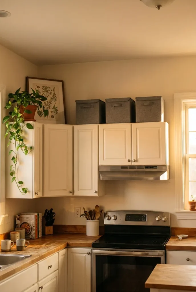 Crown Zone Method for above cabinet storage with display corner, lidded bins, and clear space over range