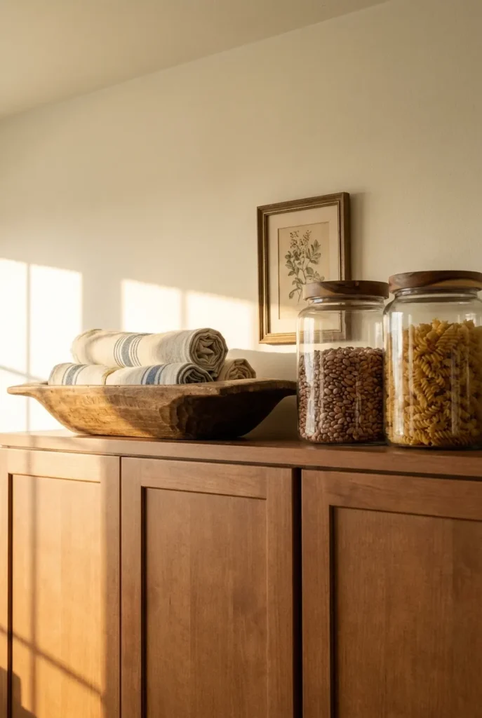 Above cabinet decor that doubles as storage with dough bowl, glass jars, and framed print