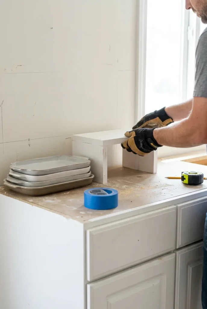 Above cabinet storage DIY riser doubling stacking space on top of kitchen cabinets
