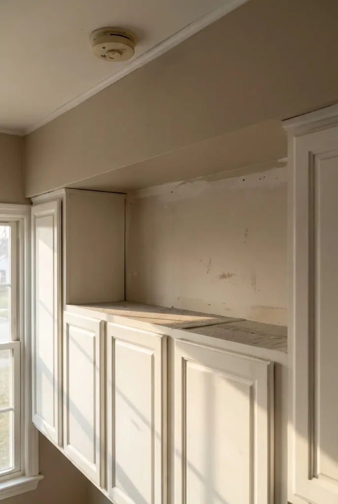 Empty cabinet to ceiling gap above white kitchen cabinets before adding storage