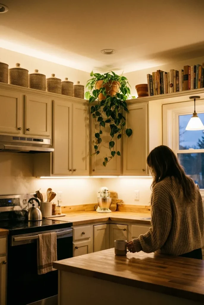 Finished above cabinet storage at dusk with matching baskets, plant, and cookbooks styled above cream cabinets