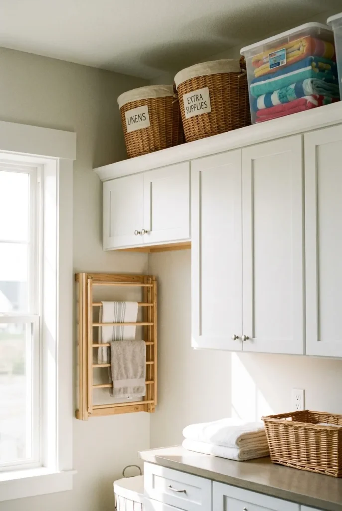 Above cabinet storage in laundry room with labeled baskets holding detergent backstock and towels