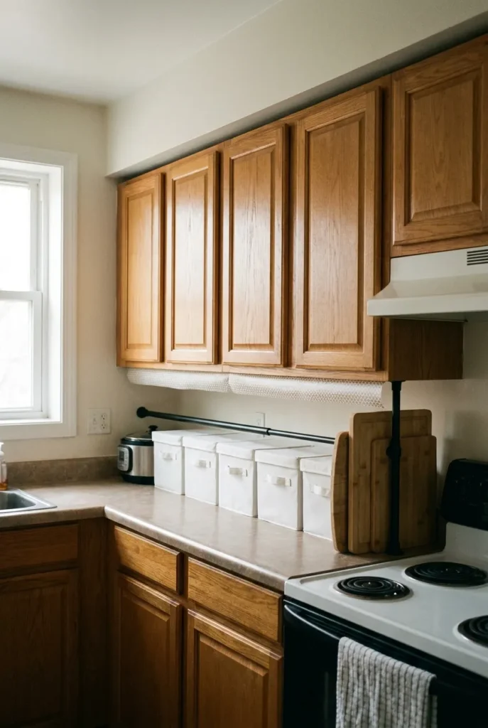 Rental friendly above cabinet storage with lidded bins and tension rod bookend, no drilling