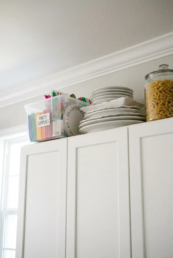 How to store things on top of kitchen cabinets with labeled bins, platters, and sealed canisters