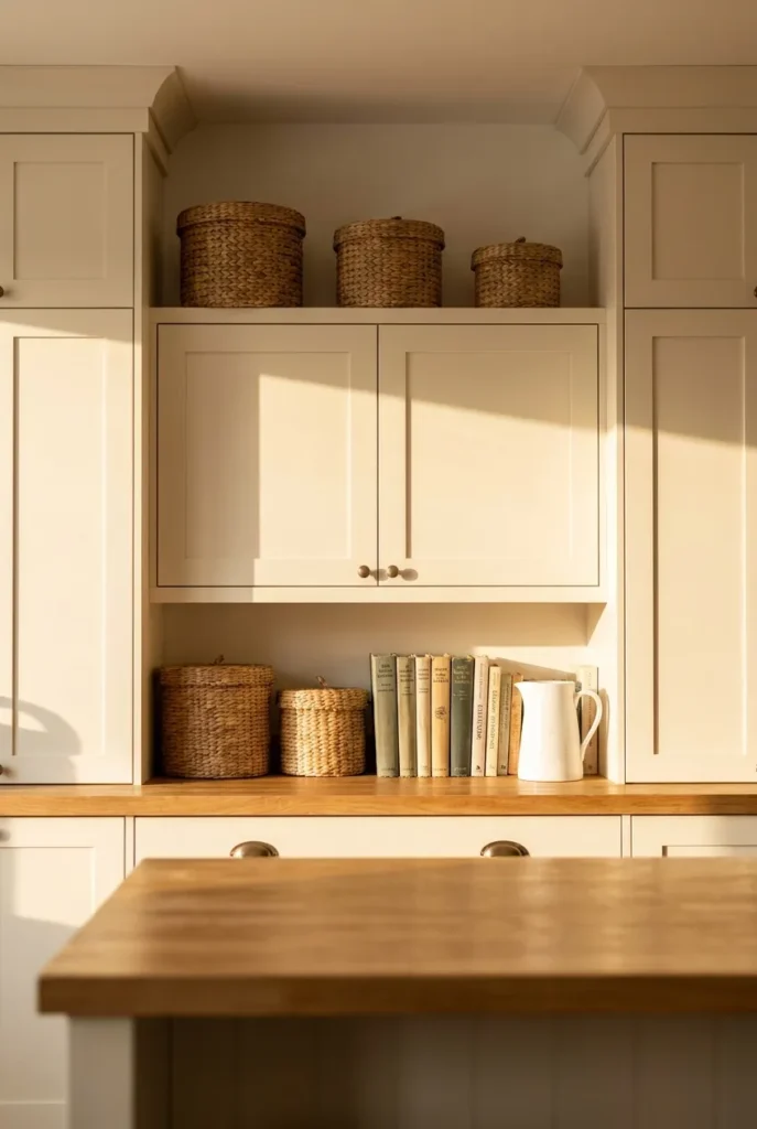 Above cabinet storage with woven lidded baskets and cookbooks styled on cream kitchen cabinets
