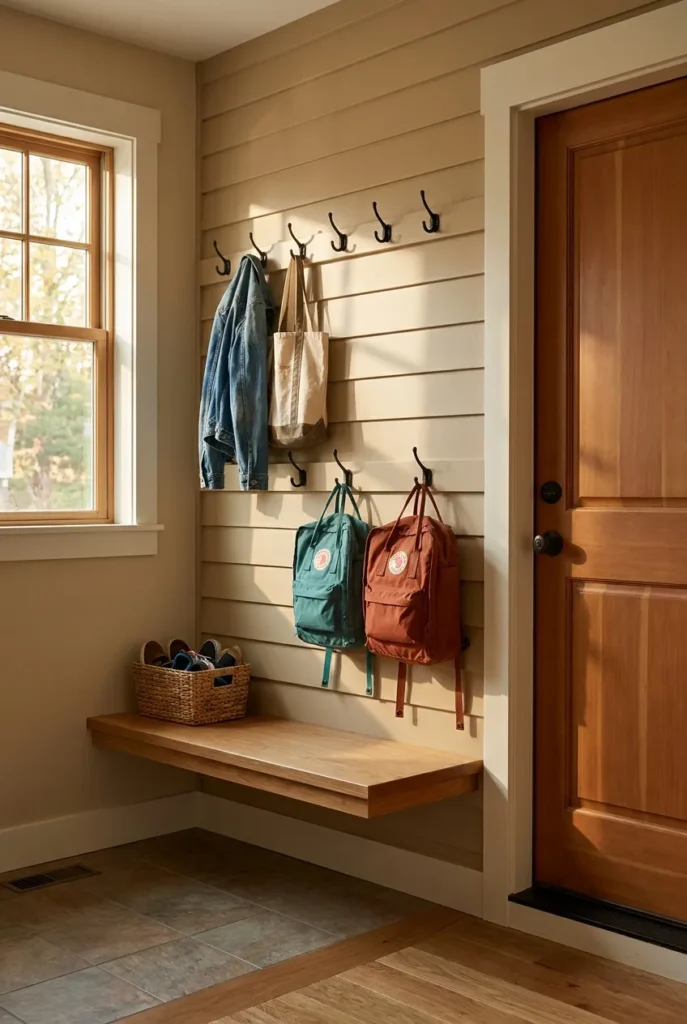 Backpack drop zone by a garage entry door with a bench and wall hooks