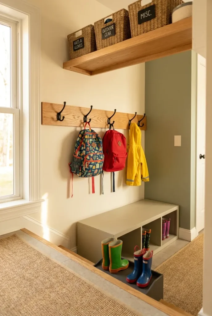 Backpack station at home along a mudroom wall with labeled bins and hooks