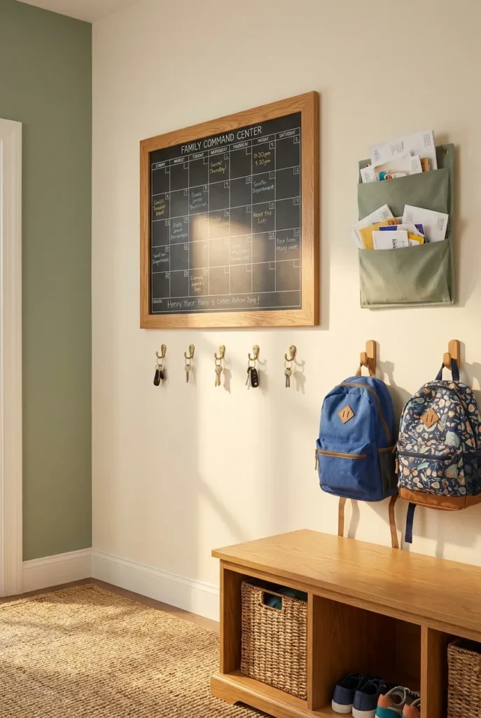 Backpack station paired with a family command center wall and calendar