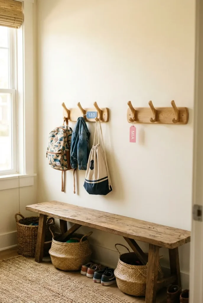 The 3-Hook Morning Launchpad backpack station for kids with labeled hook sets