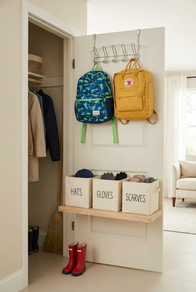Backpack station in closet using an over-the-door rack inside a coat closet