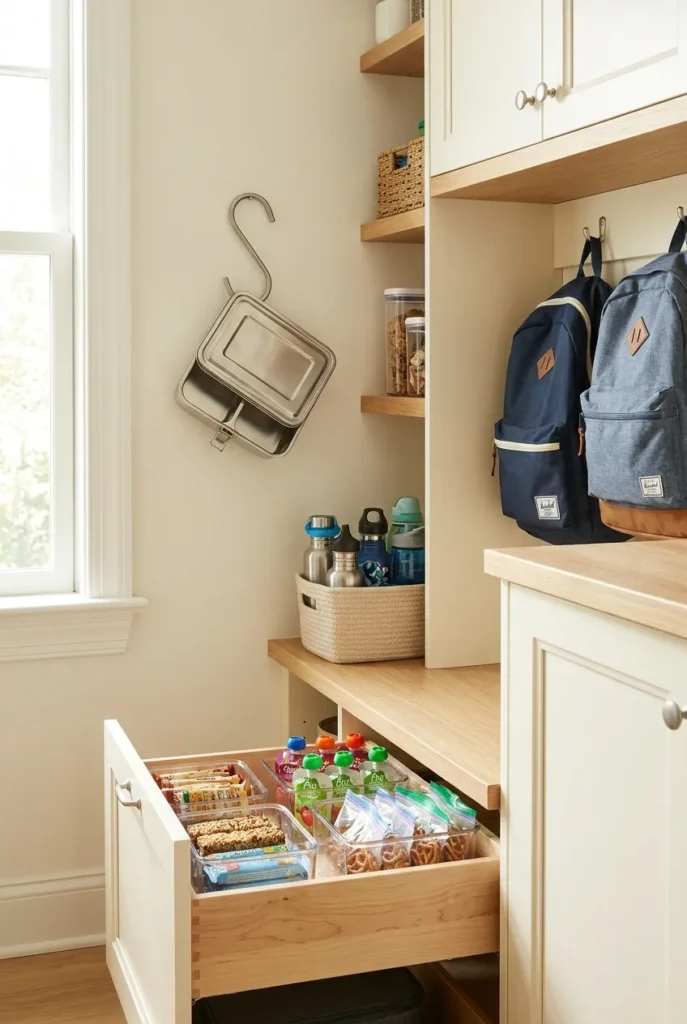 Lunch box and water bottle zone beside a backpack station at home