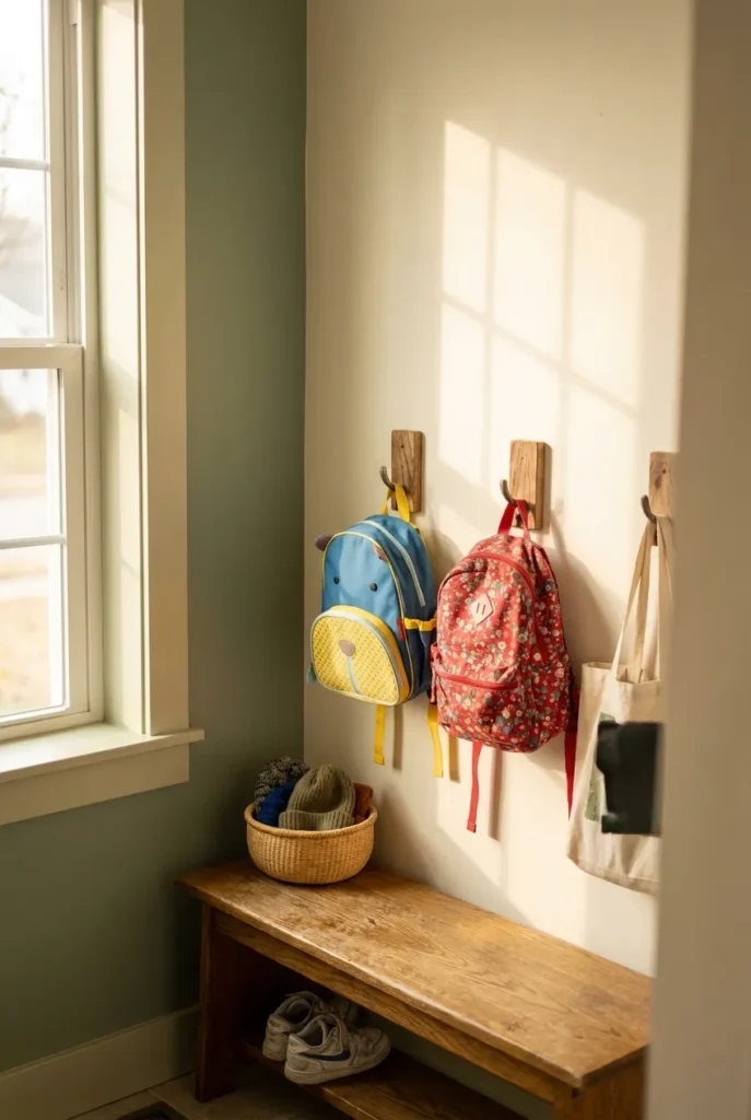 Backpack station organization with child-height hooks and a bench in a cozy entryway