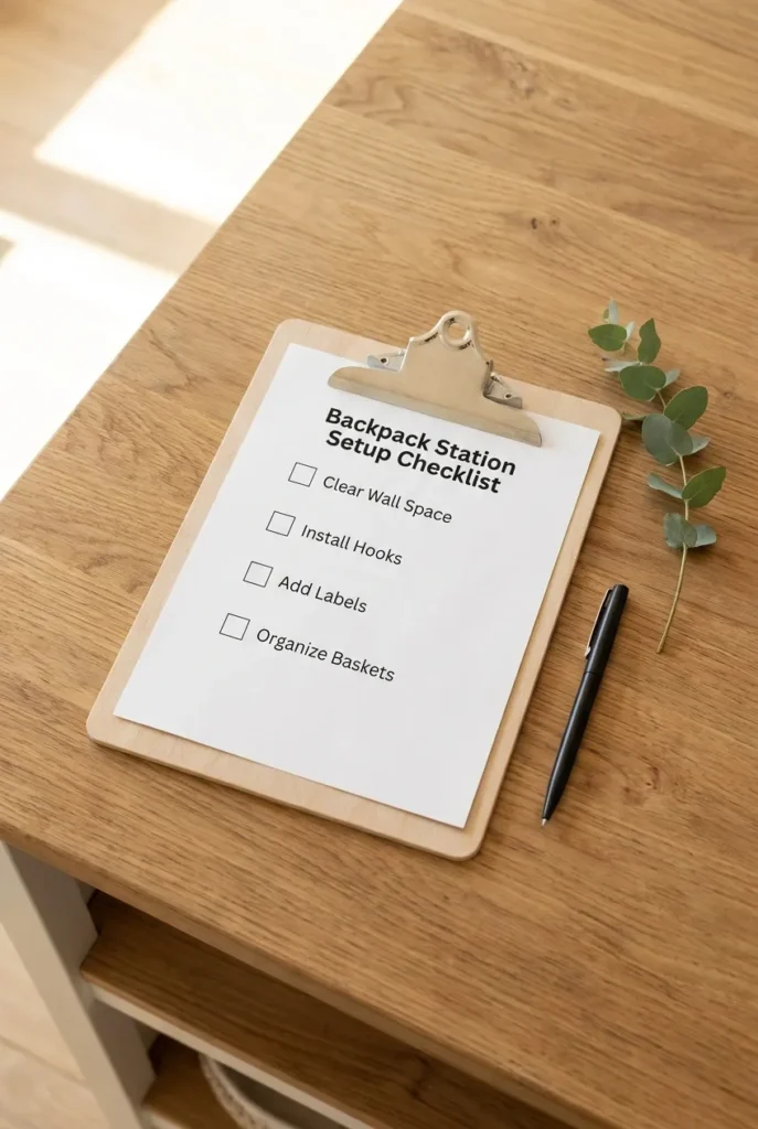 Free printable backpack station setup checklist on a clipboard on a kitchen island