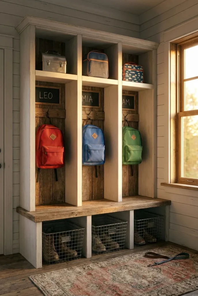 Mudroom cubby bench with three columns for a multi-kid backpack storage system
