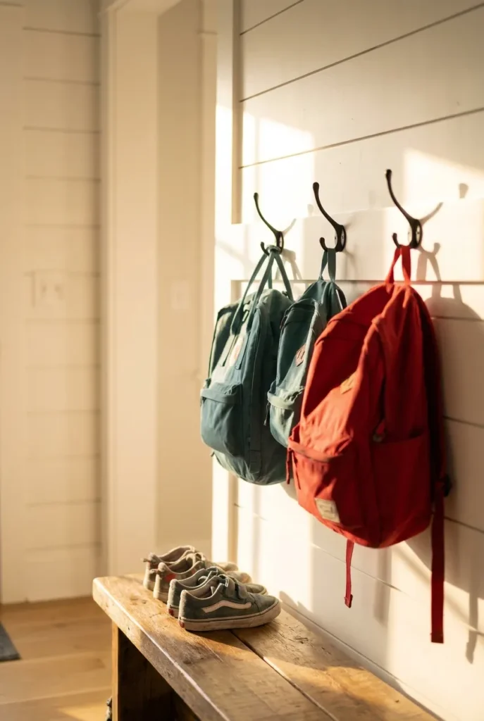 Backpack storage ideas with three child-height wall hooks and a bench in a sunlit entrywa
