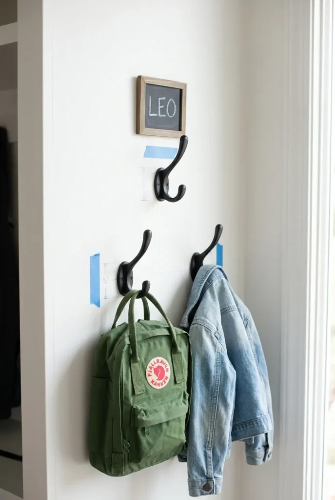 Three-hook backpack launchpad mounted at child height with a name label