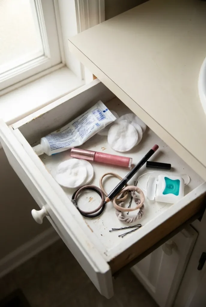 Bathroom drawer organization before, a cluttered vanity drawer full of mixed toiletries in need of toiletry organization ideas
