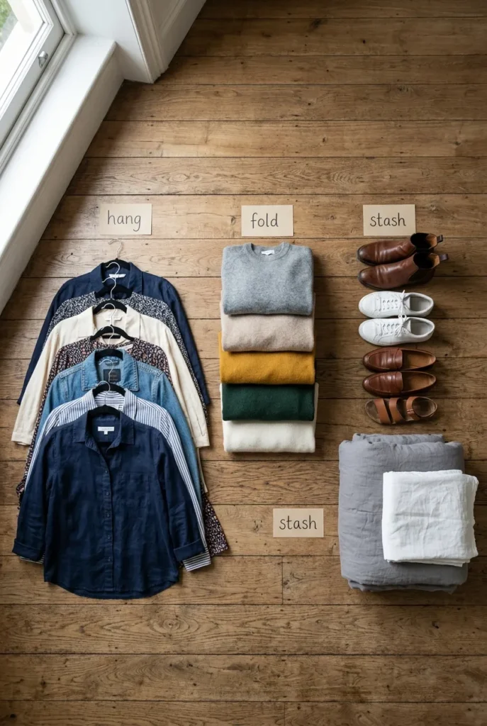 The 3-Zone No-Closet Method sorting clothes into hang, fold, and stash piles