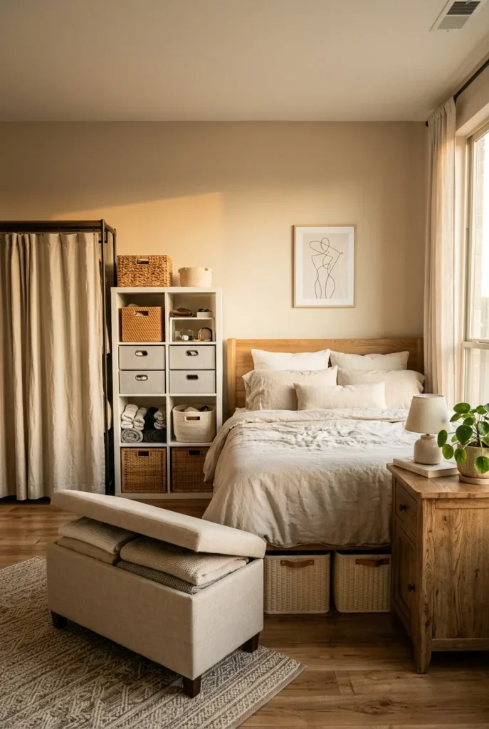 Fully organized bedroom with no closet using racks, shelves, and under-bed storage