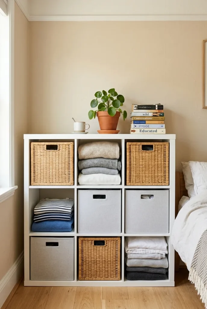 Cube shelving with woven baskets for folded clothing storage in a no closet bedroom