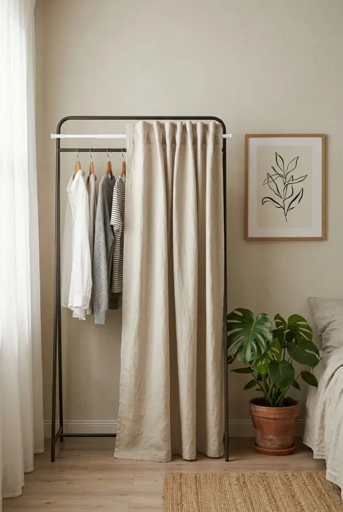 Linen curtain shielding an open garment rack from dust in a no closet bedroom