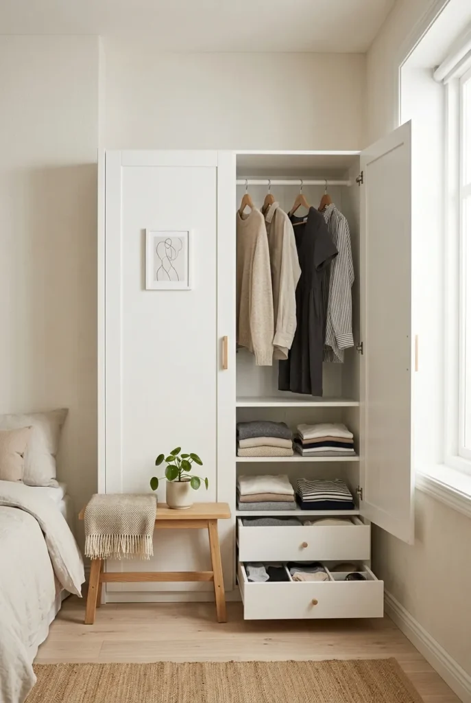 Freestanding wardrobe organizing hang, fold, and stash zones in a no closet bedroom