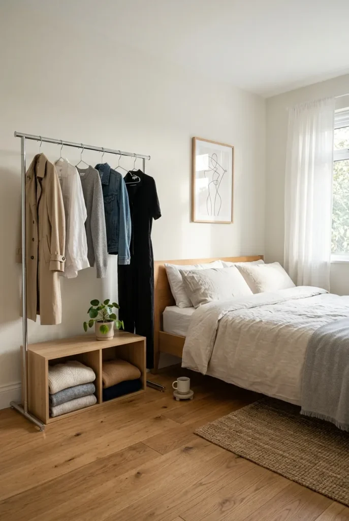 Bedroom with no closet organization using a freestanding garment rack and cube shelf