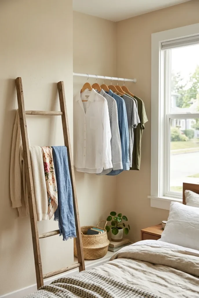 No-drill hanging zone using a leaning ladder and tension rod in a no closet bedroom