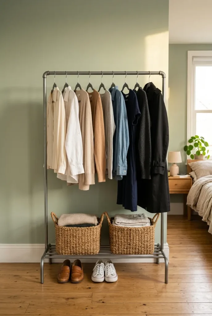 Open closet garment rack styled with matching velvet hangers for a no closet bedroom