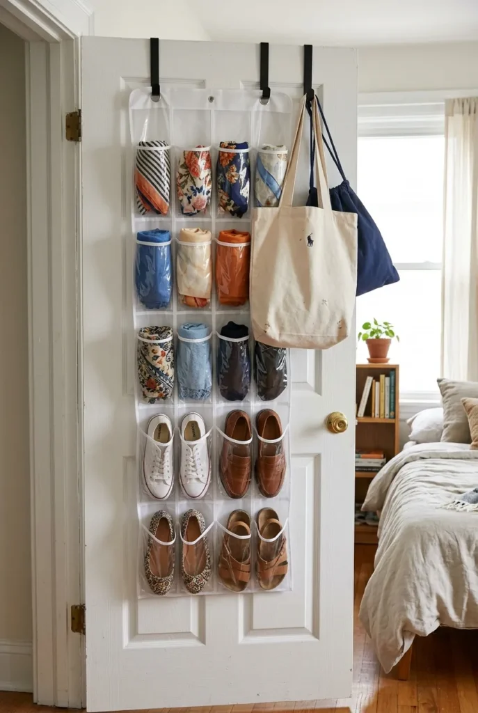 Over-the-door organizer holding shoes and scarves in a no closet bedroom