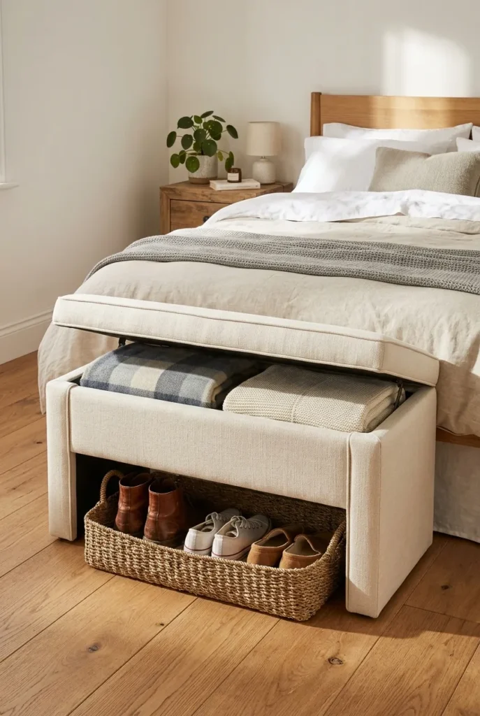 Storage bench at the bed foot hiding blankets in a bedroom with no closet