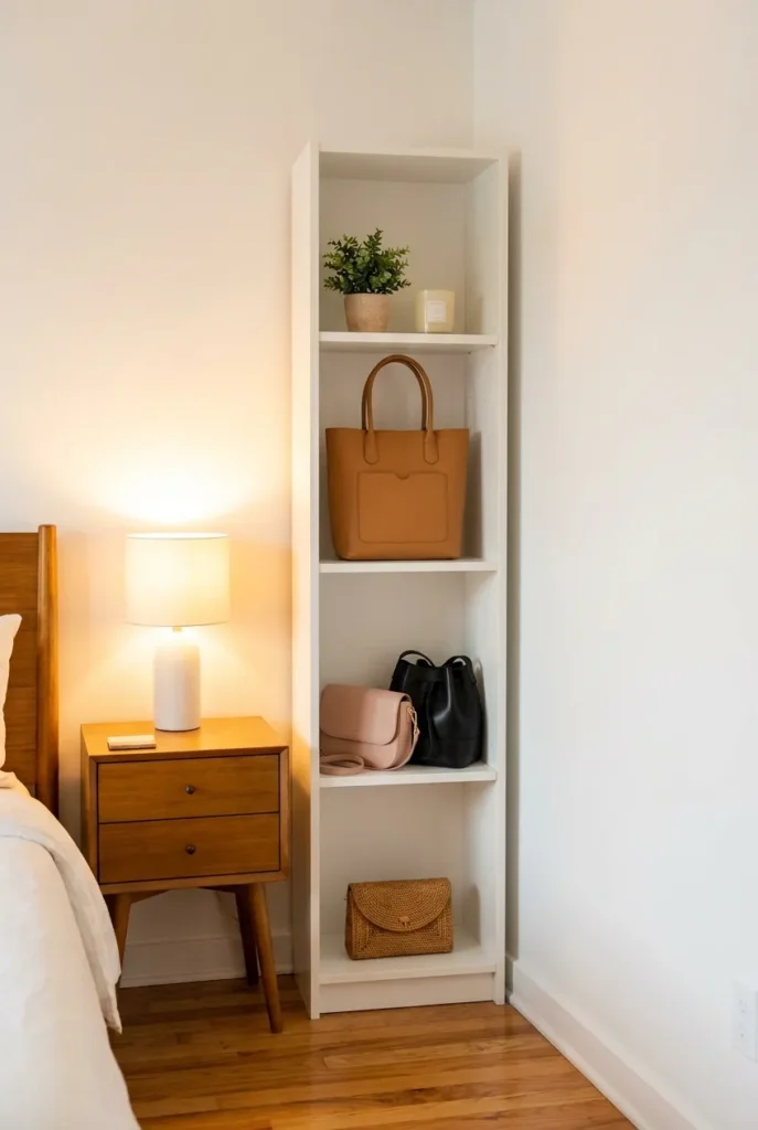 IKEA Billy bookcase used as bedroom purse storage ideas for spaces without a closet with bags on open shelves