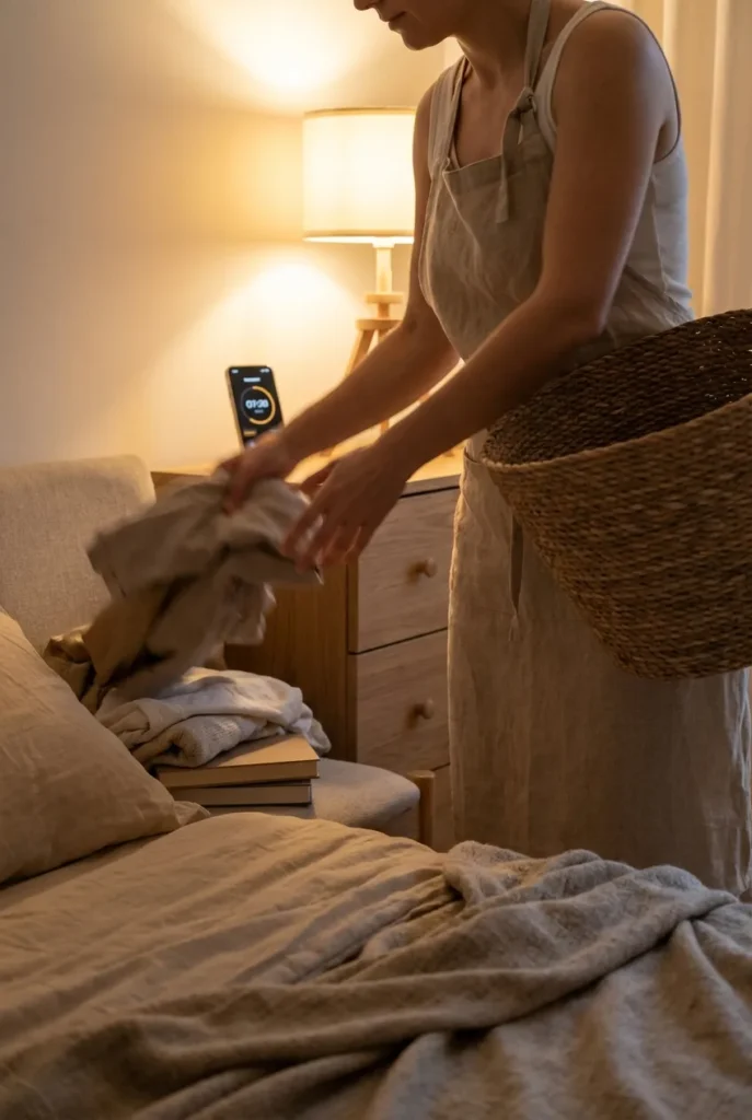 quick 10-minute bedroom reset routine, gathering clutter into a basket against a timer