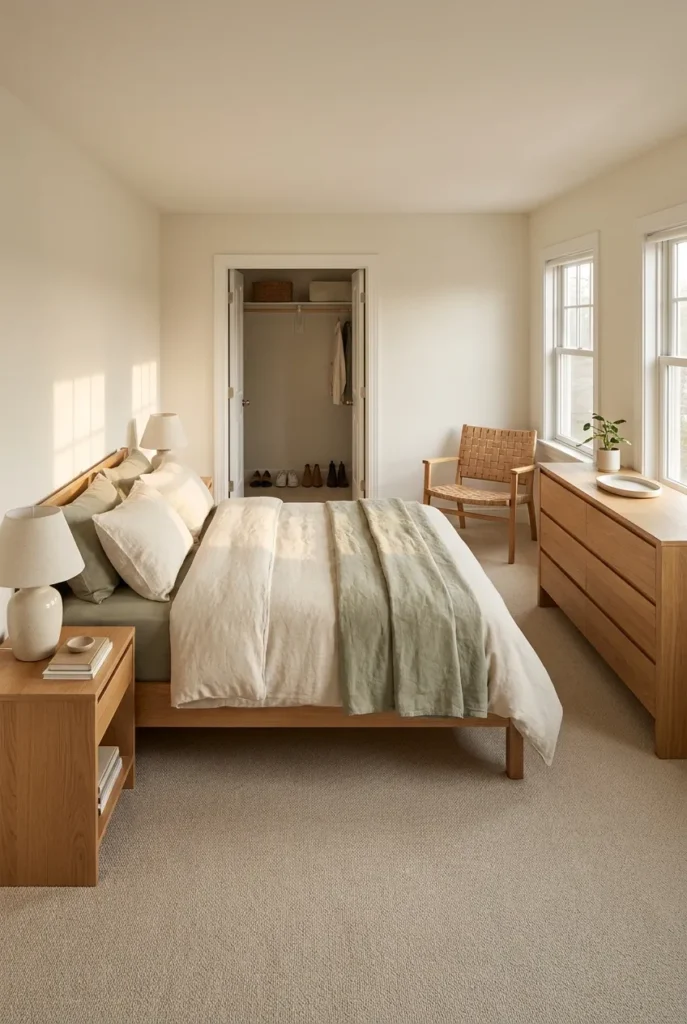bedroom reset routine 5-surface sweep, a calm room with bed, nightstand, dresser, chair