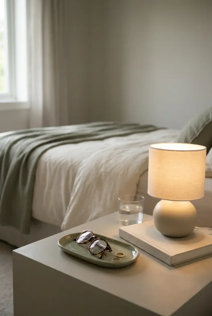 calm bedroom reset routine nightstand with lamp, tray, and water at dusk