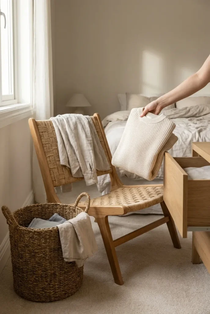 bedroom reset routine clearing the chair floordrobe into hamper and drawer
