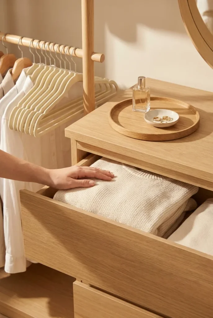 bedroom reset routine dresser top cleared to one styling tray with velvet hangers nearby