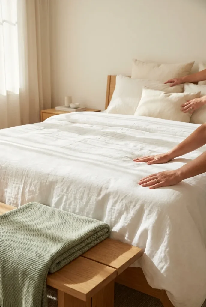 bedroom reset routine first step, hands smoothing a fresh duvet on a made bed
