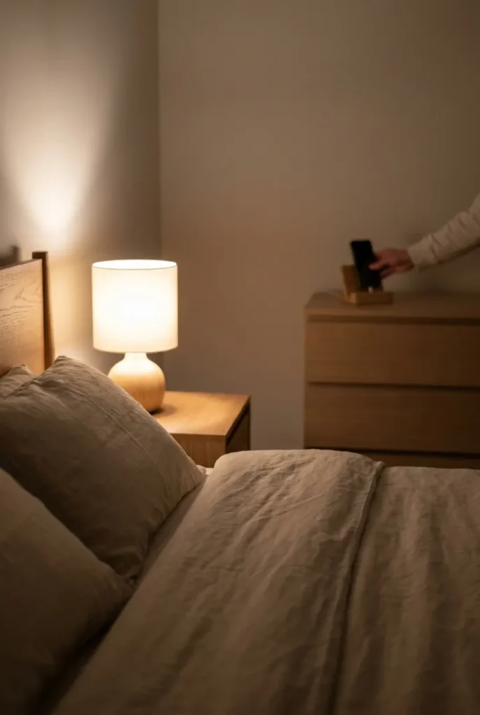 bedroom reset routine anchor habit, phone charging across the room beside a turned-down bed