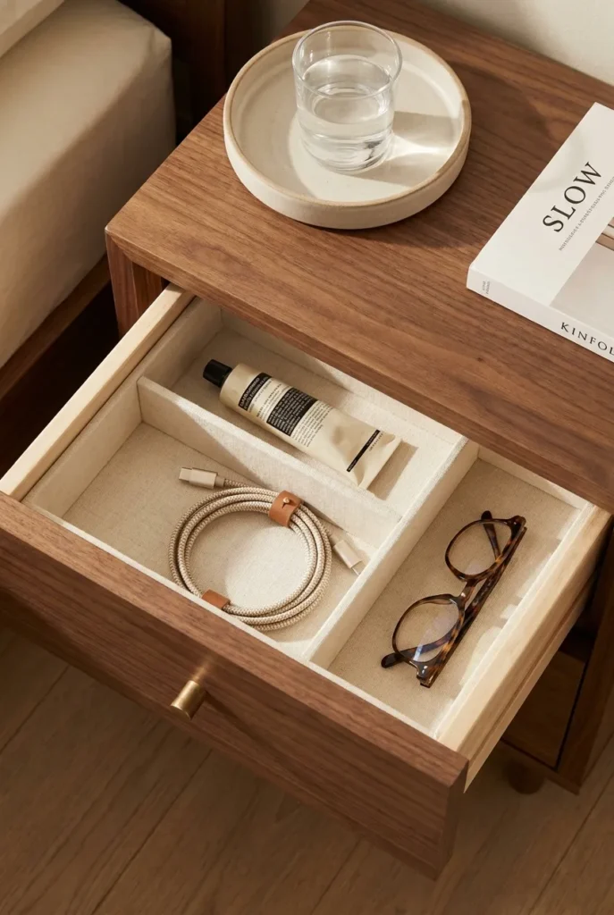 bedroom reset routine nightstand with tray, divider, and three essentials only